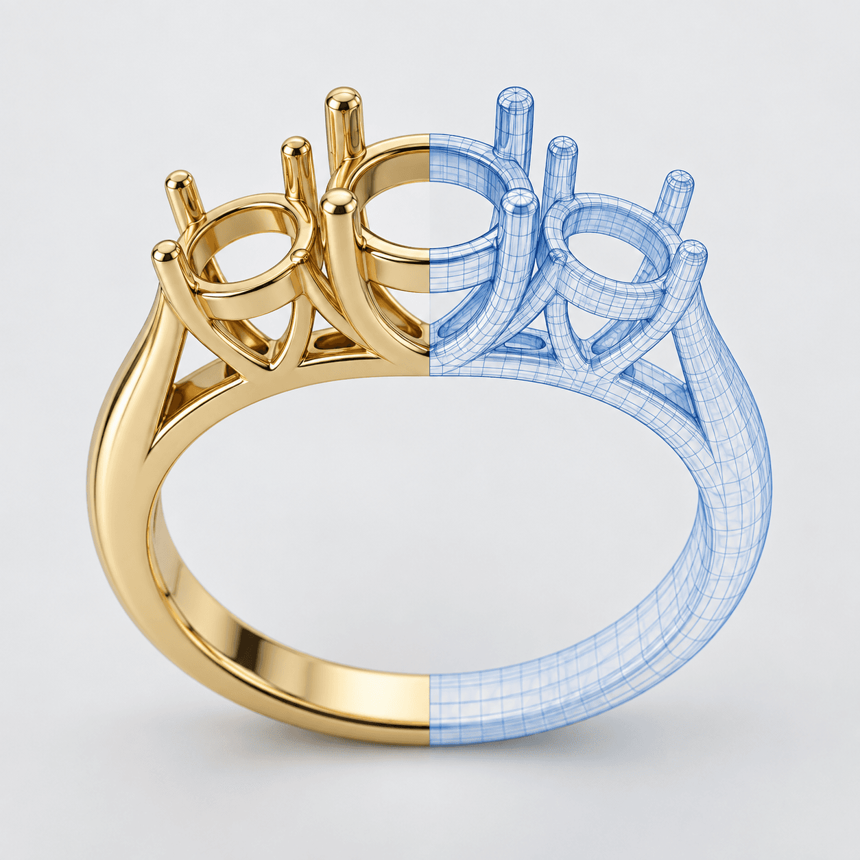 Concept illustration of a gold ring transitioning into a blue mesh