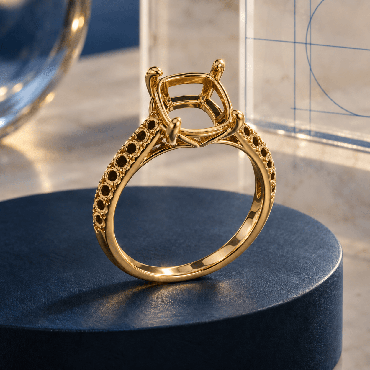 Illustrative stone-free ring preview with empty settings